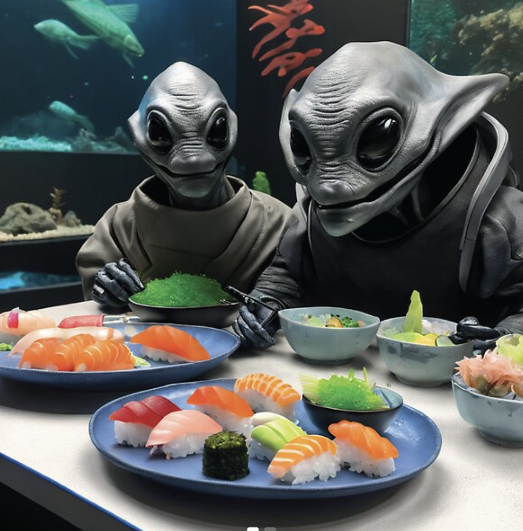 Aliens enjoying sushi
