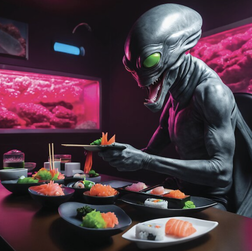 hostile alien eating sushi