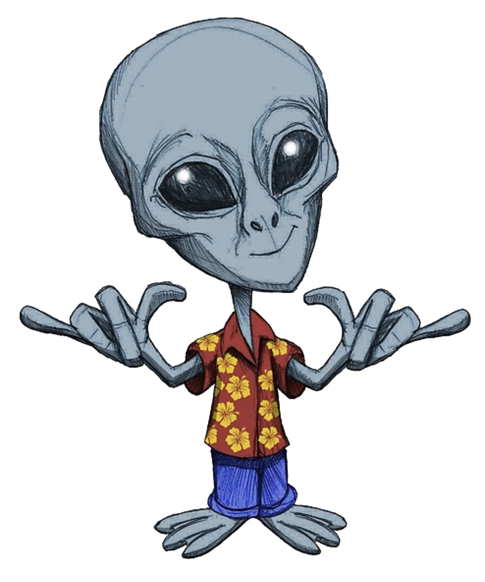 an alien grey wearing a aloha shirt