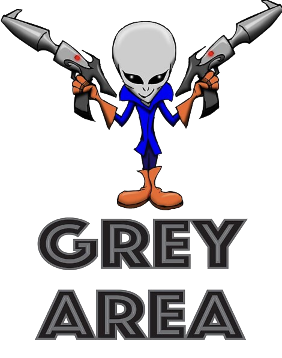 alien holding ray guns fonts saying grey area