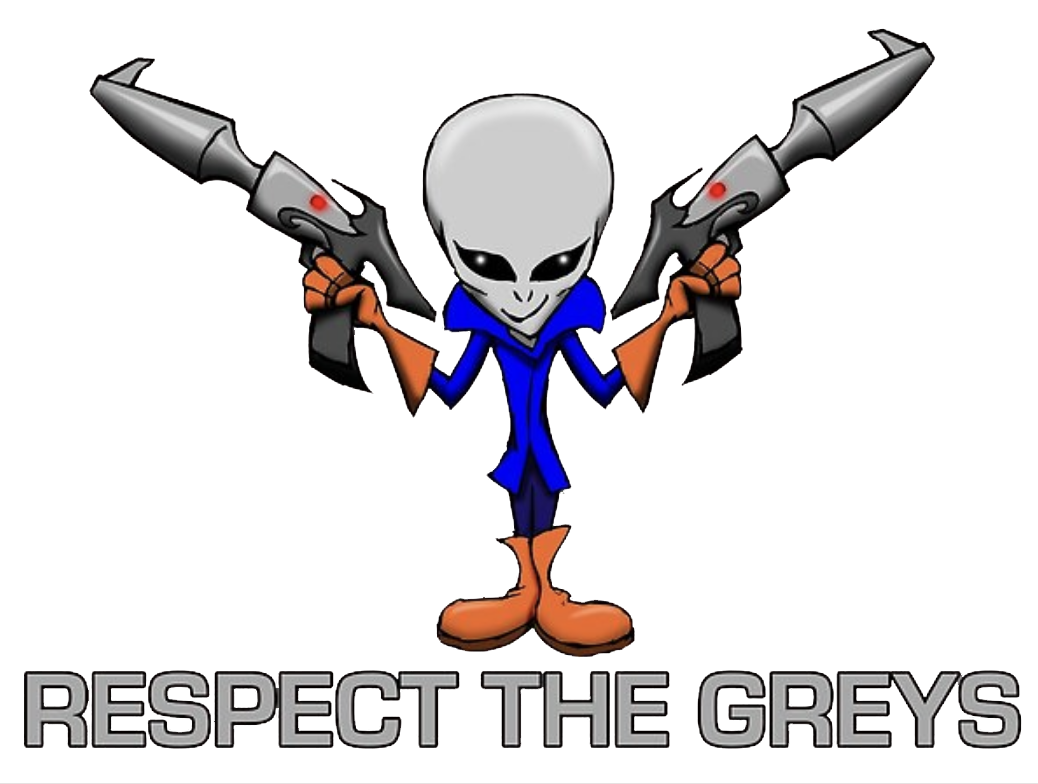 grey alien holding ray guns