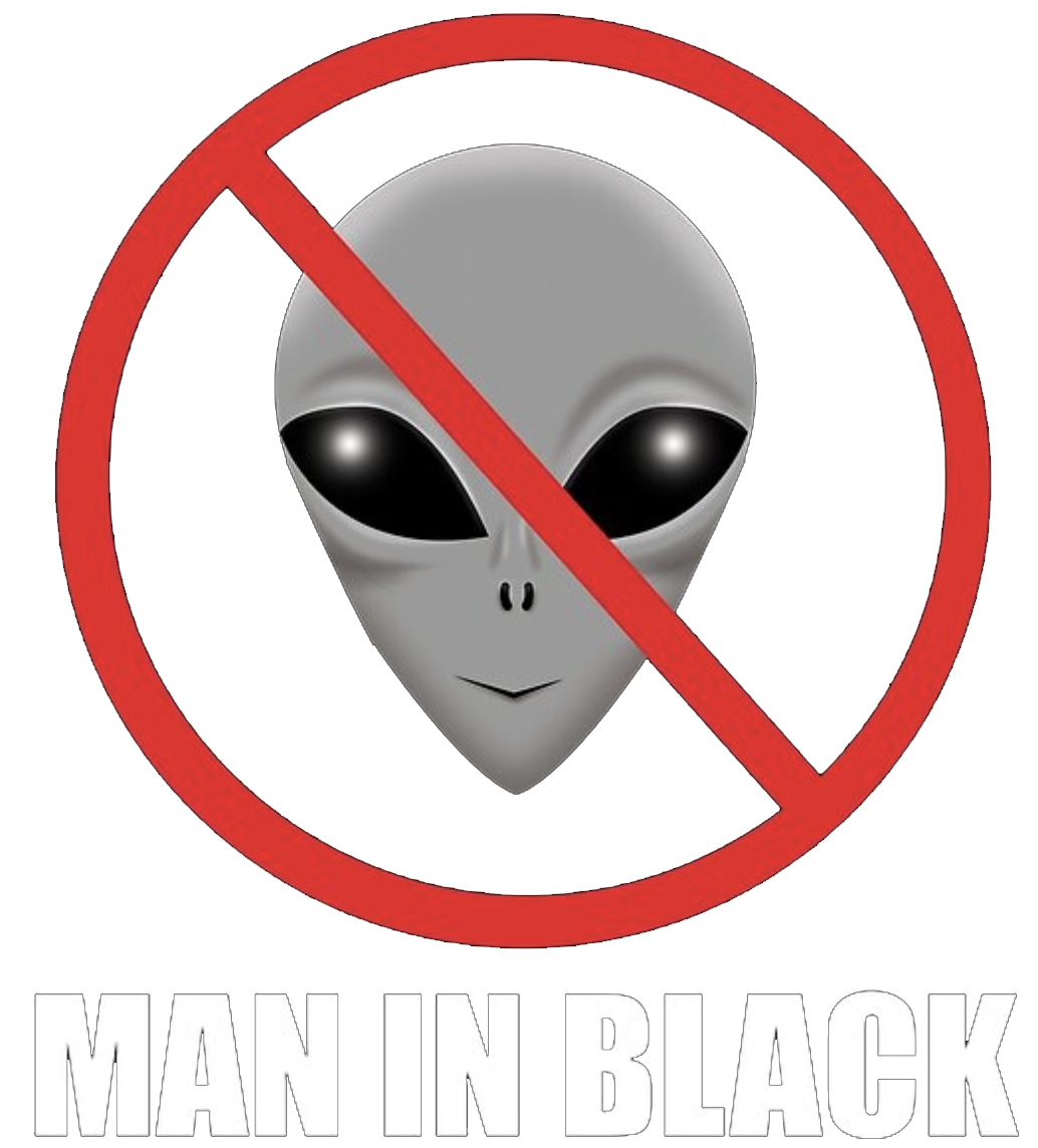 alien head with general prohibition sign on it fonts saying man in black