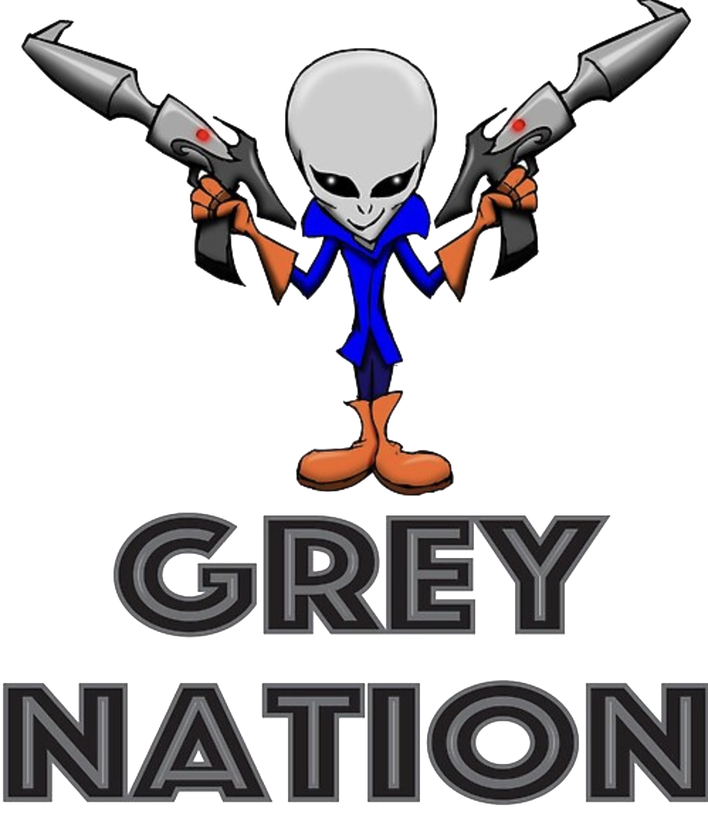 cartoon alien holding ray guns fonts saying grey nation