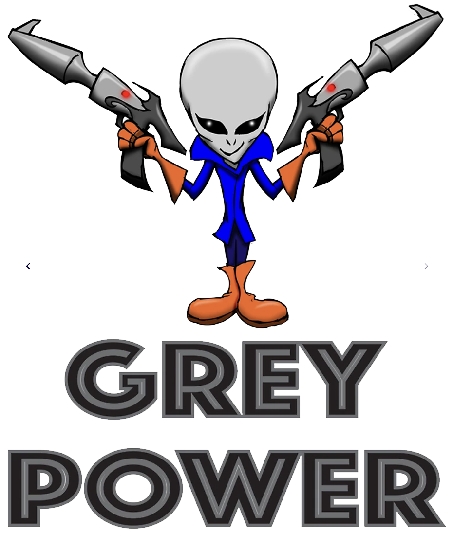 cartoon alien holding ray guns fonts saying grey nation