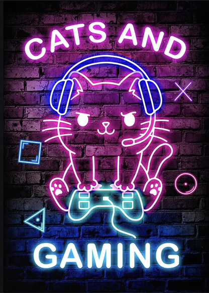 neon art with cat playing video game