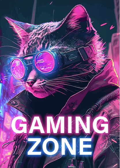 anthropomorphical cat with fonts that say gaming zone