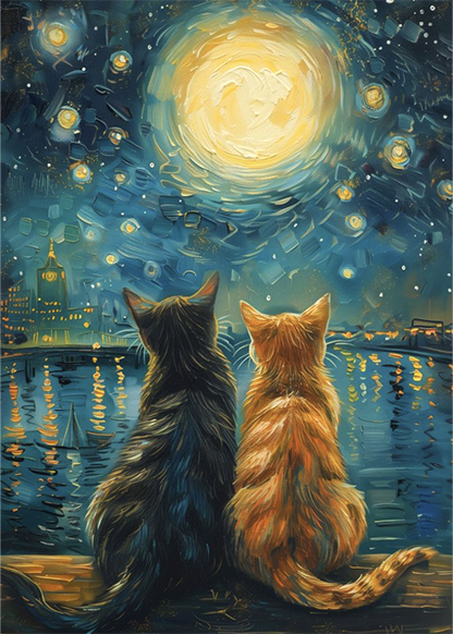 two cats gazing at the moon