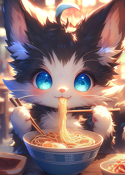 kitten eating ramen noodles