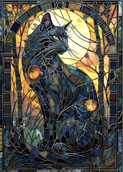 a stained glass black cat design